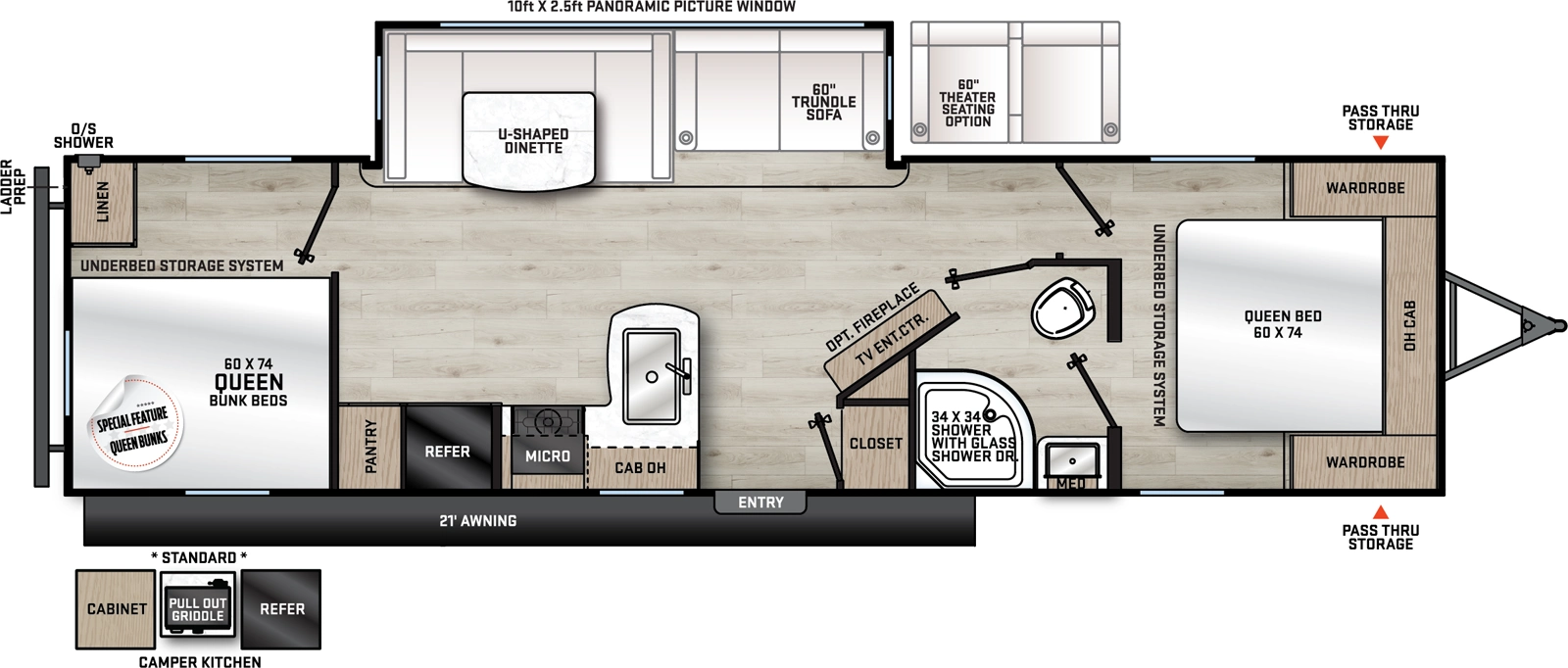 The Aurora 29TQS floorplan has one entry and one slide out. Exterior features include: metal exterior, 21' awning and outside kitchen. Interiors features include: bunk beds, u-dinette and front bedroom.